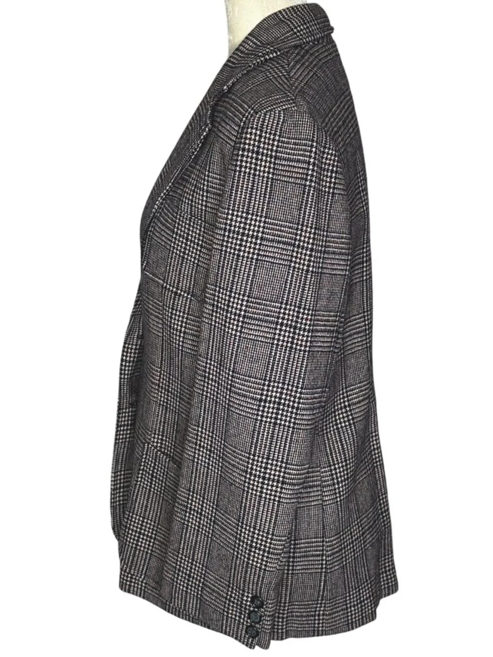 Vintage 70s Houndstooth Plaid Blazer Navy Burgundy Wool Look Tailored Jacket